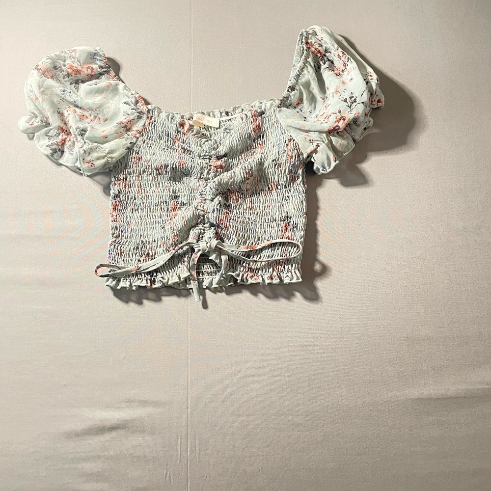 Blush Smocked Puff Sleeve Crop Top - Mint with Coral Floral Accents